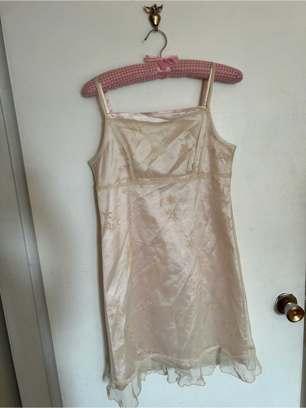 Women’s whimsical pink and cream Silk-Feel Sheer Slip Dress - Pale Pink and lace